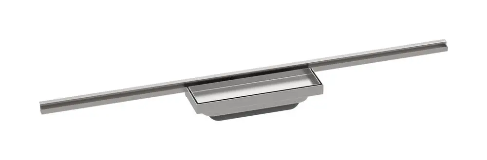Duschrinne mit minimalistischer Bauweise, hergestellt von Hansgrohe. Die Rinne ist aus Edelstahl und hat eine rechteckige Form mit angeschlossenem Abfluss.